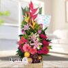 Arreglo Floral con Rosas, gerberas, lirios y frutas