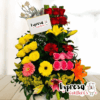 Arreglo con Rosas, Lirios y Gerbera multicolor